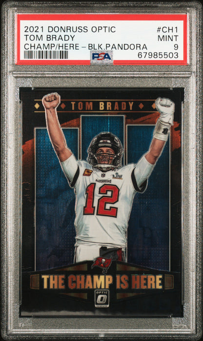 2021 Panini Donruss Optic Tom Brady The Champ Is Here Black Pandora /25 PSA 9