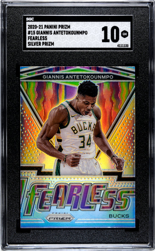 2020-21 Panini Prizm Giannis Antetokounmpo #15 Fearless Silver Prizm SGC 10