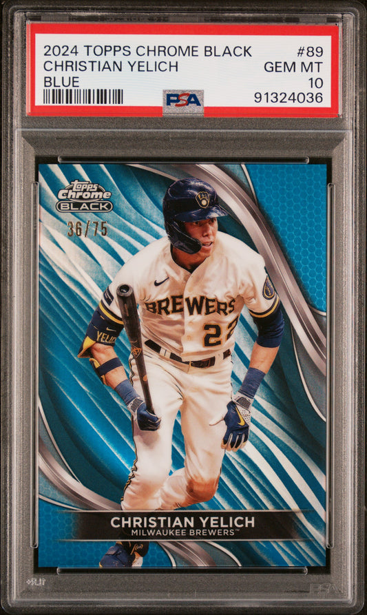 2024 Topps Chrome Black Christian Yelich #89 Blue Refractor /75 PSA 10