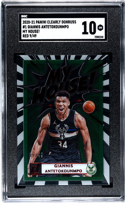 2020-21 Panini Clearly Donruss Giannis Antetokounmpo #1 My House! Red /49 SGC 10