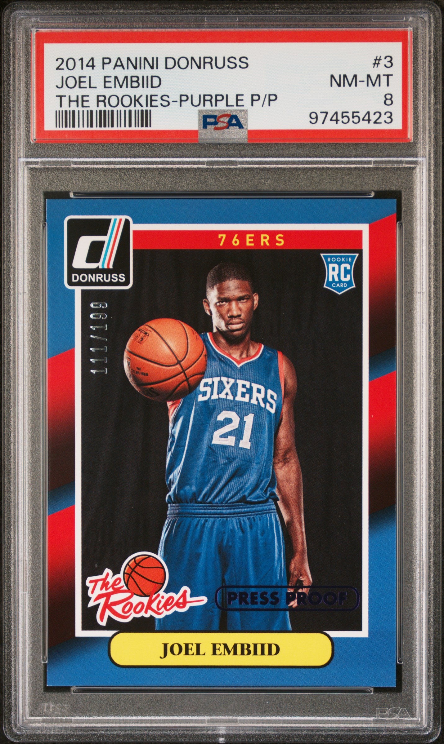 2014 Panini Donruss Joel Embiid #3 The Rookies Purple /199 PSA 8