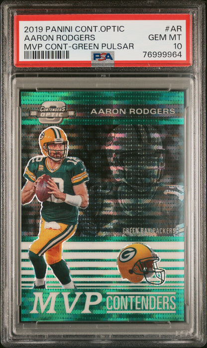 2019 Panini Contenders Optic MVP Aaron Rodgers #AR MVP Green Pulsar /27 PSA 10